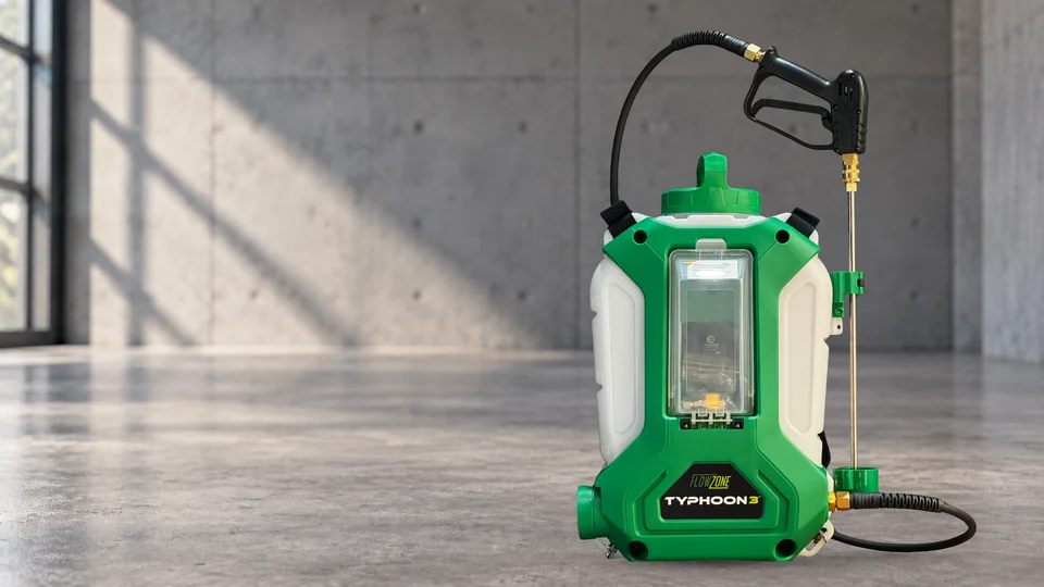Typhoon 3 with its hose and wand on the approved industrial backdrop